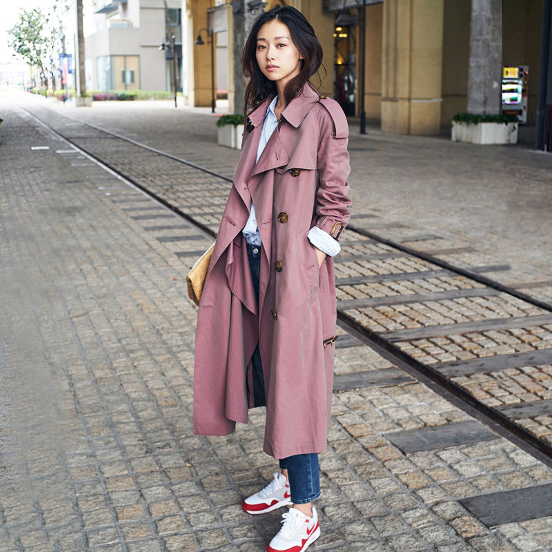 Waterproof wind-proof 22 Spring and American high-end pure cotton growing layer rose color over knee long version jacket large size Inren windsuit woman