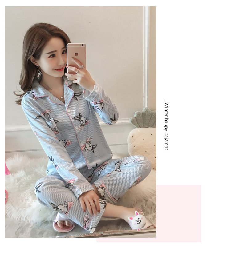 Bộ đồ ngủ nữ tay dài mùa xuân và mùa thu cotton ngọt ngào dễ thương áo len tháng nhà Dịch vụ phiên bản Hàn Quốc của bộ đồ mỏng XL mùa đông pijama lụa cao cấp