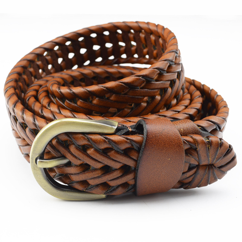 Men's and women's youth retro wild brown woven belt Leather belt Brown black camel pants belt double-sided belt