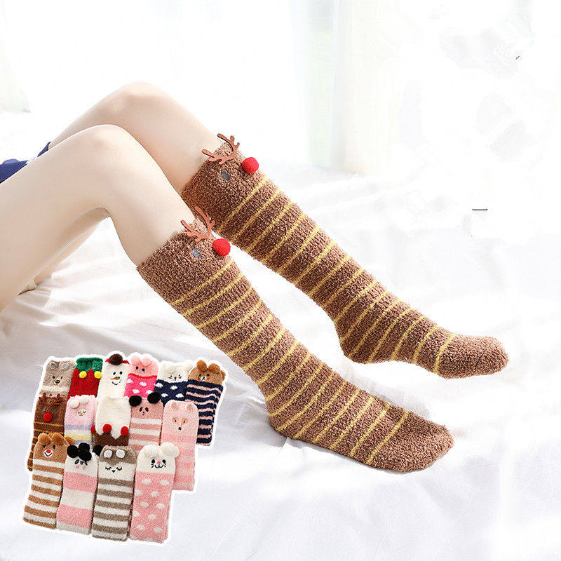 Coral Suede Socks Cute Cartoon Midcylinder Thickened Warm Plush Moon Socks Female Winter Floor Sleeping Socks Calf Socks