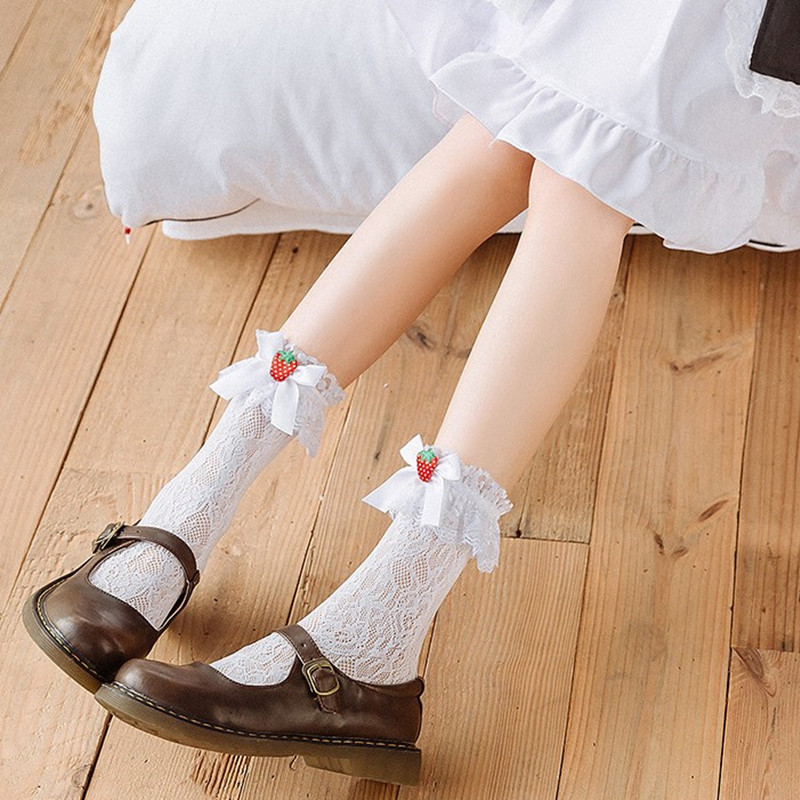 Day Faculty Lolita Strawberry Cute Students Short Socks Spring Summer Thin lace lace floral lace butterfly knot Socks Bubble Socks