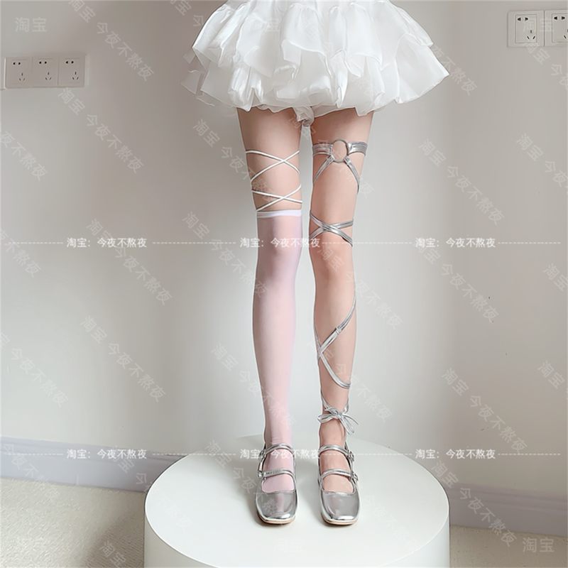 No Staying up Late Tonight, Personalized Cross-Tied White Silk Thigh-High Stockings, Y2K Silver Futuristic Wasteland Style Leg Rings, Long Stockings