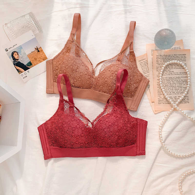 Underwear women's no steel ring small chest gathers the pair of breasts to prevent sagging bra sexy lace ladies thin underwear set