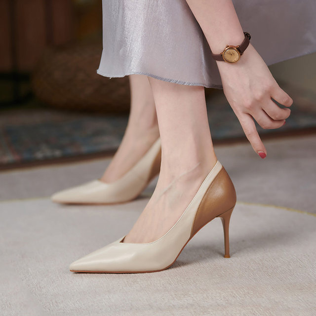 French niche sexy color matching shoes women's spring 2022 new small fragrance pointed toe leather stiletto high heels