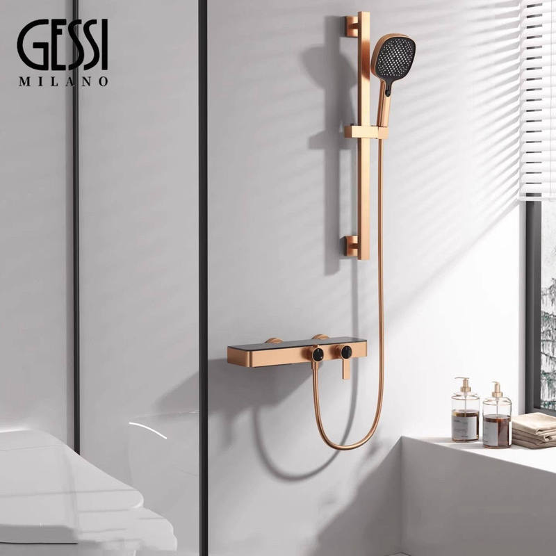 Italian Jiesi Brushed Rose Gold Hot and Cold Water Shelf Shower Set Bathroom Copper Shower Separate Showerhead