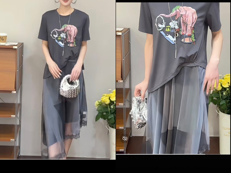 V+.Com European Goods 2026 Summer New Style Fake Two-Piece Cartoon Animal Print Dress with Diagonal Hem 29170