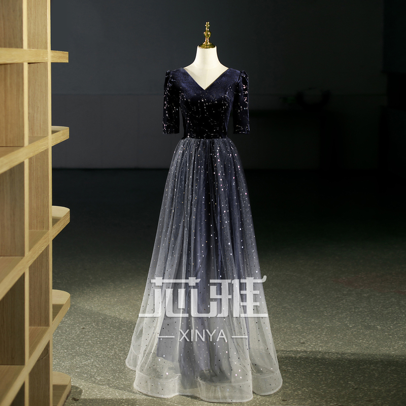 Dreamy Navy Blue Gradient Starry Sky Evening Dress for Women, V-Neck Long-Sleeve Elegant Host Performance Costume for Art Exams and Choir Performances Dreamy Navy Blue Gradient Starry Sky Evening Dress for Women, V-Neck Long-Sleeve Elegant Host Performance Costume for Art Exams and Choir Performances