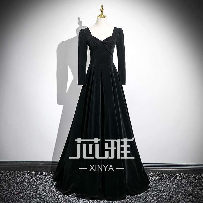 Pure Black Velvet Long-Sleeved Evening Dress for Women Music Art Test Piano Performance Adult Dress Chorus Annual Meeting Host