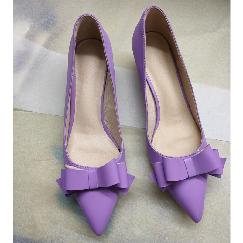 Genuine Leather Purple Shallow Pointed-Toe Chunky Heel Soft-Soled Women's Shoes, Green Stiletto Heels, Very Beautiful and Comfortable High-Heeled Shoes