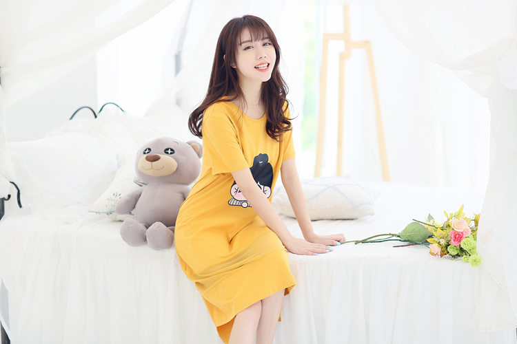 Cotton dài nightdress nữ mùa hè vành đai ngực pad áo ngực đồ ngủ ngắn tay áo dài váy nửa tay áo cotton nightdress từ mặc áo ngực