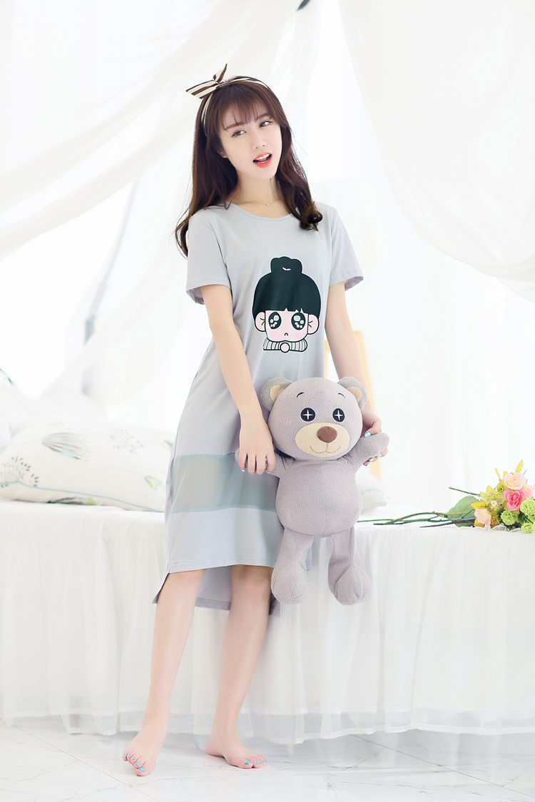 Cotton dài nightdress nữ mùa hè vành đai ngực pad áo ngực đồ ngủ ngắn tay áo dài váy nửa tay áo cotton nightdress từ mặc áo ngực