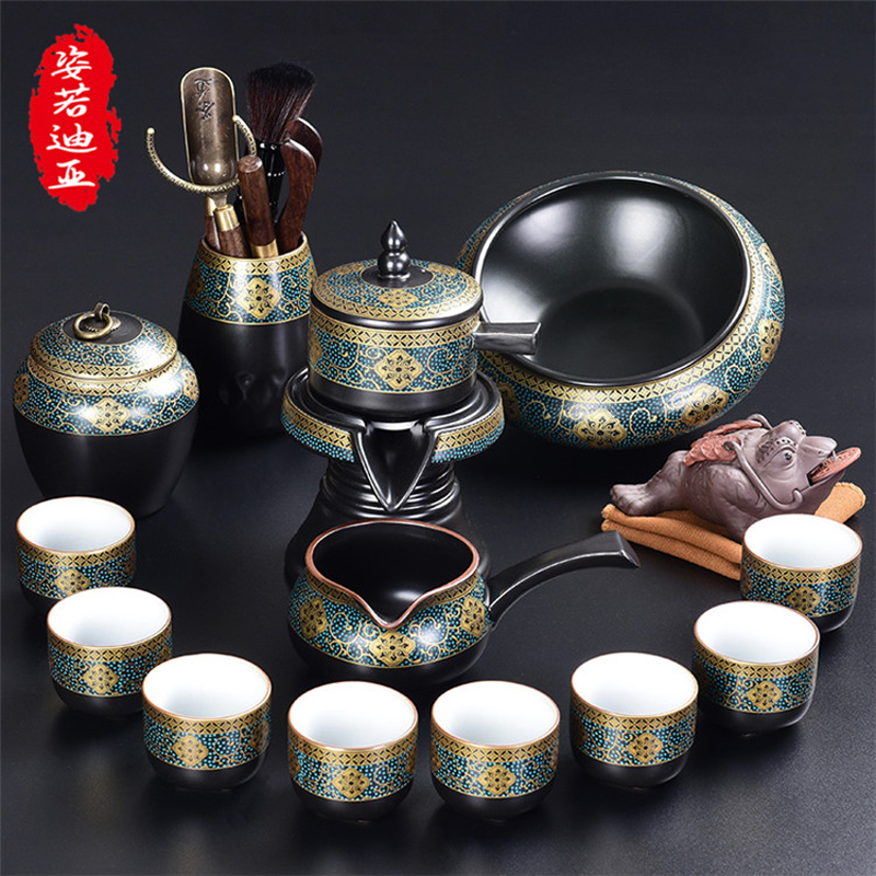 ZYRODIA black pottery enamel color built stone grinding lazy man automatic tea set set home gold leaf teacup teapot