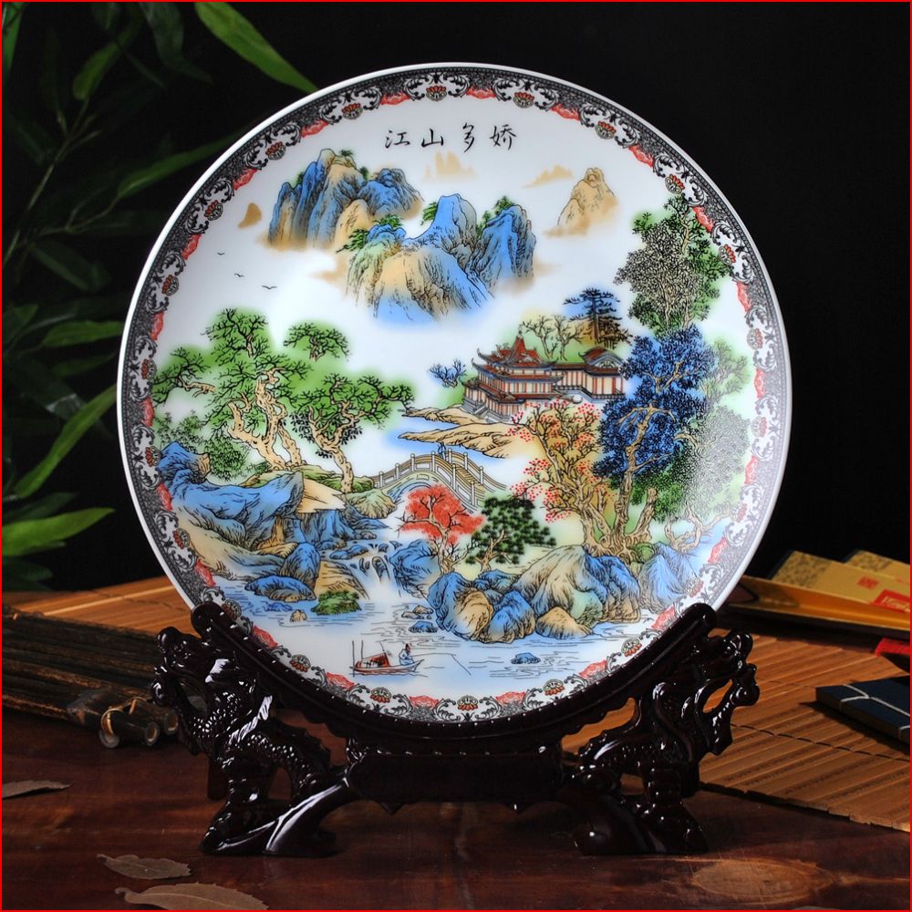 Jingdezhen ceramics pastel blue and white landscape painting decorative porcelain plate hanging plate modern home decoration living room decoration