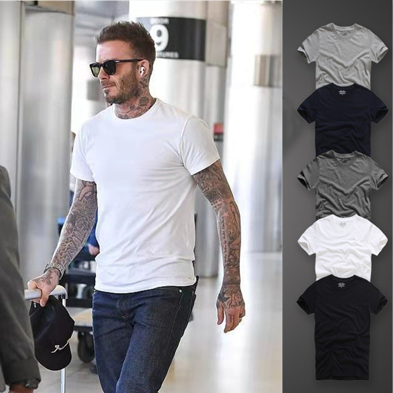 Beckham-Style Pure White Short-Sleeve T-Shirt for Men, Summer Slim-Fit Base Shirt, Washed Pure Cotton Versatile Trendy Brand Top