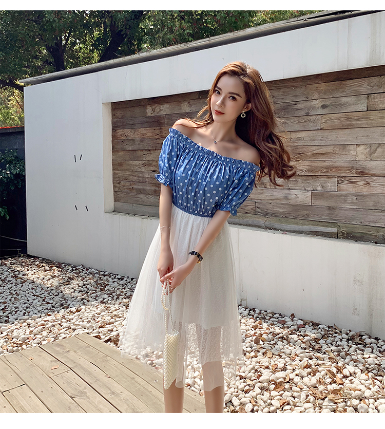 VK旗艦店 韓系波點一字領蕾絲網紗拼接短袖洋裝