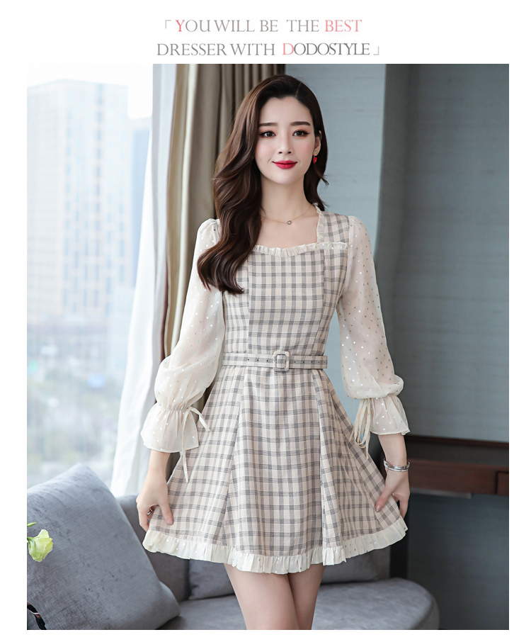VK旗艦店 韓國風網紗拼接亮片波點格子復古長袖洋裝