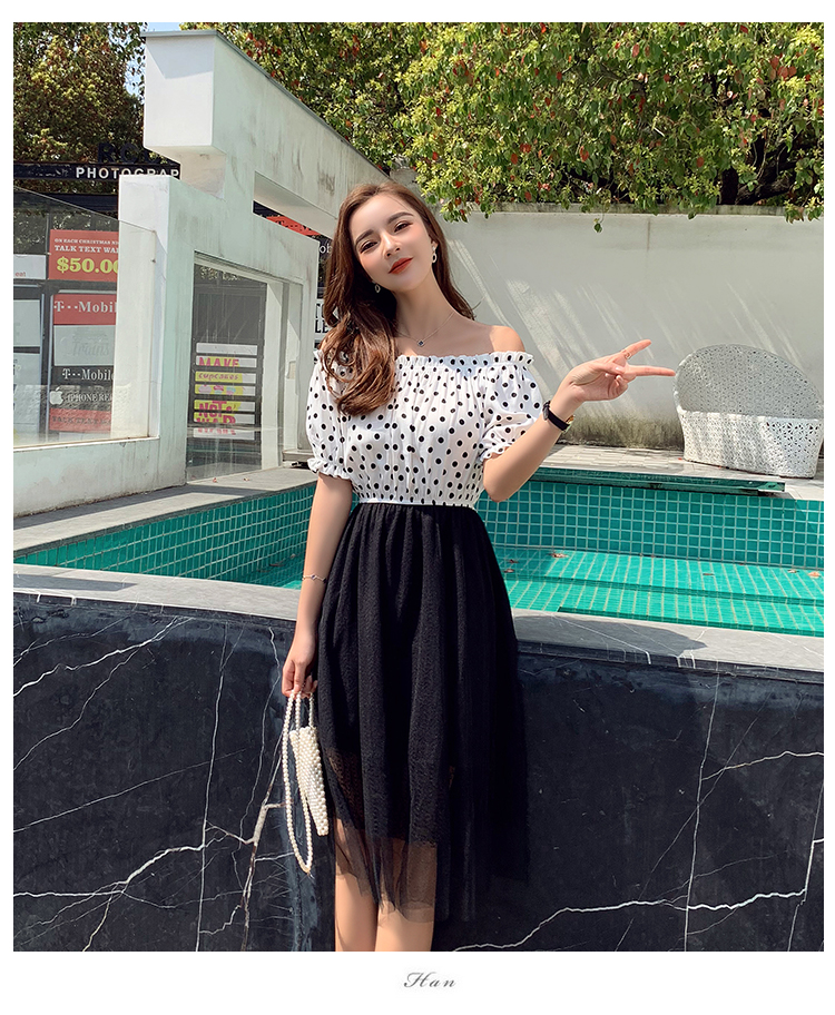 VK旗艦店 韓系波點一字領蕾絲網紗拼接短袖洋裝
