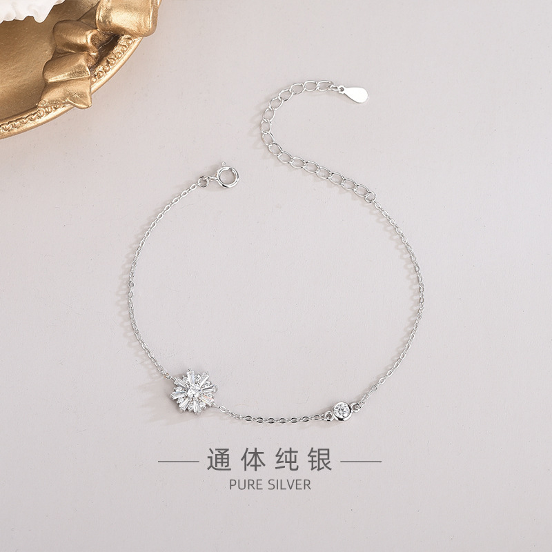 S925 Sterling Silver Japanese and Korean Niche Design Zircon Snowflake Bracelet Light Luxury Fashion Bracelet Trendy Single Chain