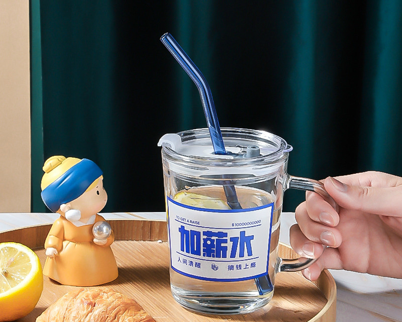 Pay raise water glasses Straw Water Cups High Face Value Glass Cups Juice Cups Milk Tea Home with cover cute women Summer 