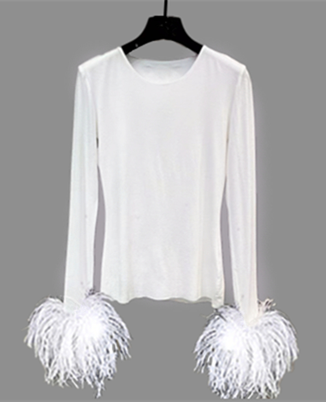Real Fur Thick Autumn and Winter Socialite Round Neck Elastic Slim Fit Cuff Feather Knit Base Shirt Small Top Ostrich Feather Long Sleeve Real Fur Thick Autumn and Winter Socialite Round Neck Elastic Slim Fit Cuff Feather Knit Base Shirt Small Top Ostrich Feather Long Sleeve