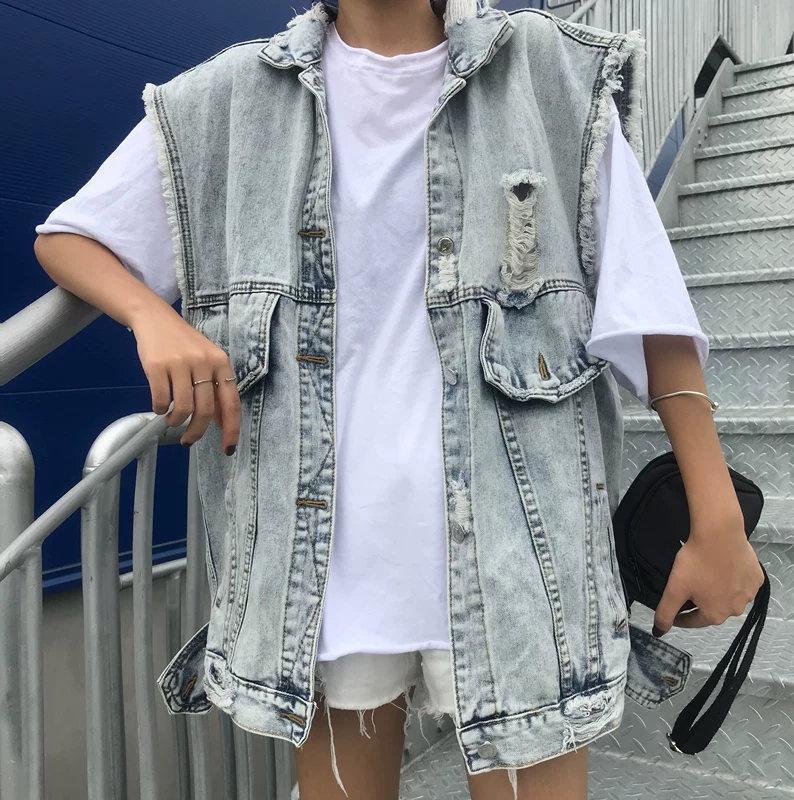 Real shot nữ phiên bản Hàn Quốc của lỗ cá tính sờn cũ sờn áo khoác denim học sinh không tay áo khoác vest - Áo vest