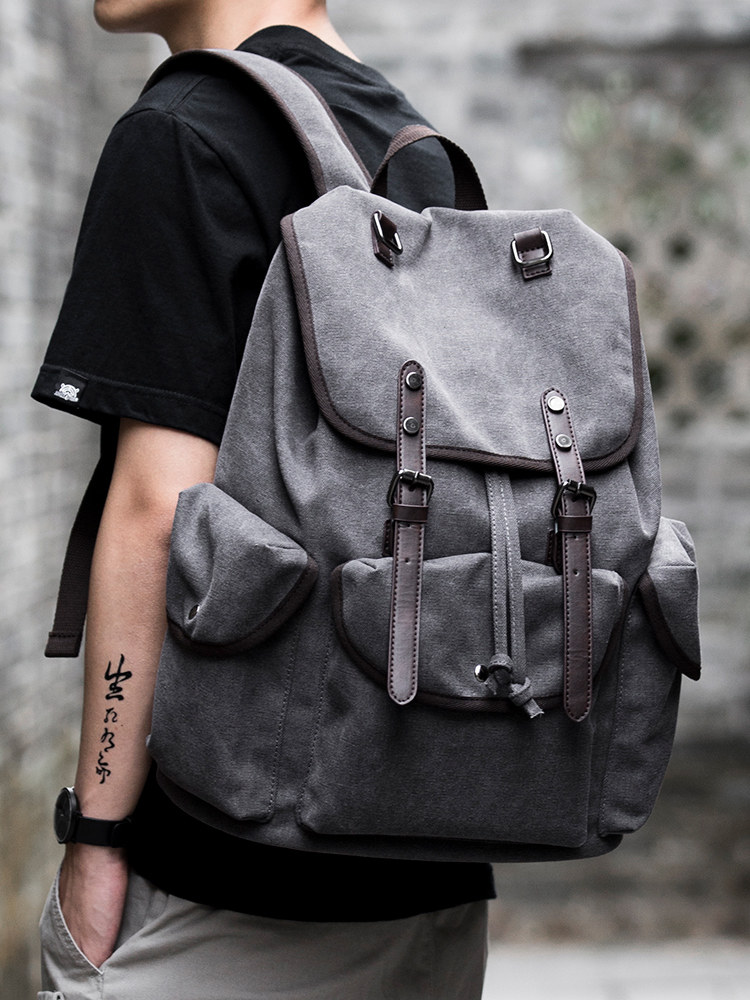 Retro canvas backpack men's fashion junior high school college student school bag Casual simple travel bag Computer backpack men's bag