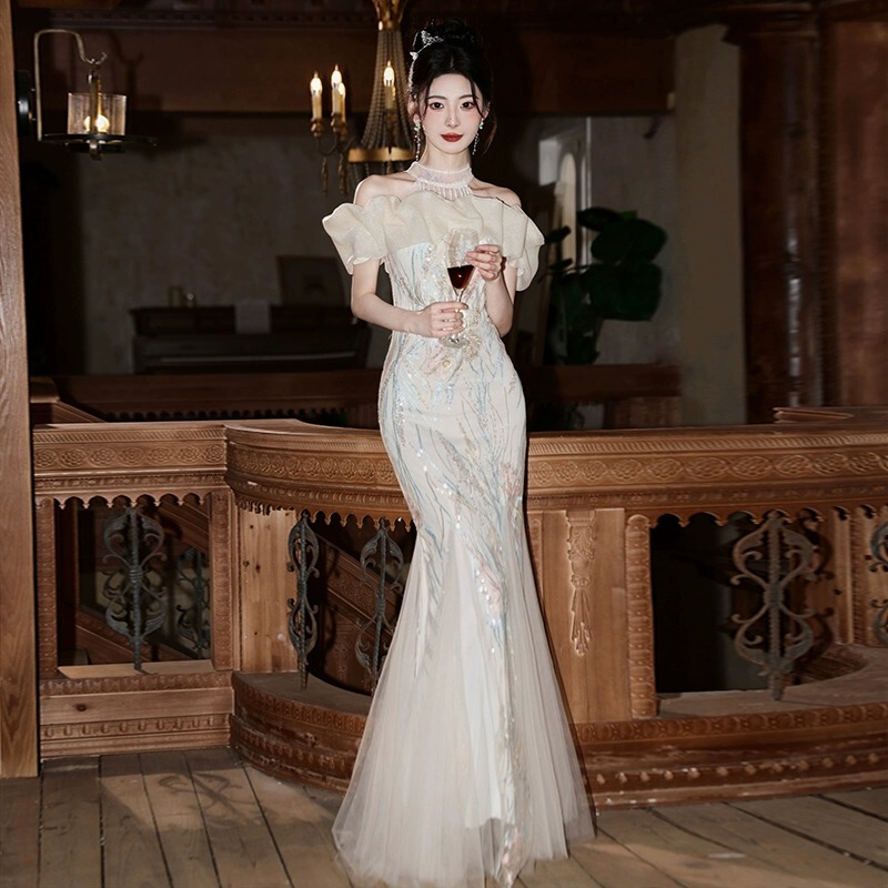 Mermaid Evening Dress 2026 High-End Halter Neck Off-Shoulder Sexy Luxury Niche Adult Host Toast Dress