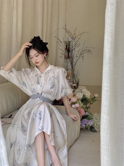 Acetate silk satin floral dress women's summer 2022 new high-end temperament strap loose printed long skirt