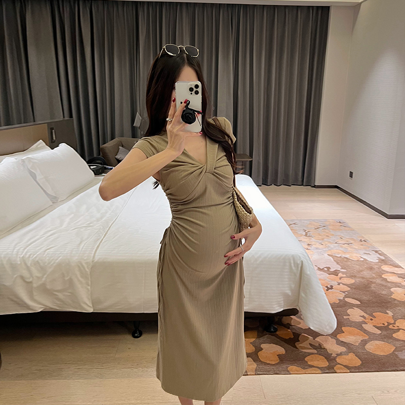 Golden Cocoon Maternity Dress Summer Fashionable Slim-Fit Twist French Maternity Dress Slimming Long Dress Golden Cocoon Maternity Dress Summer Fashionable Slim-Fit Twist French Maternity Dress Slimming Long Dress
