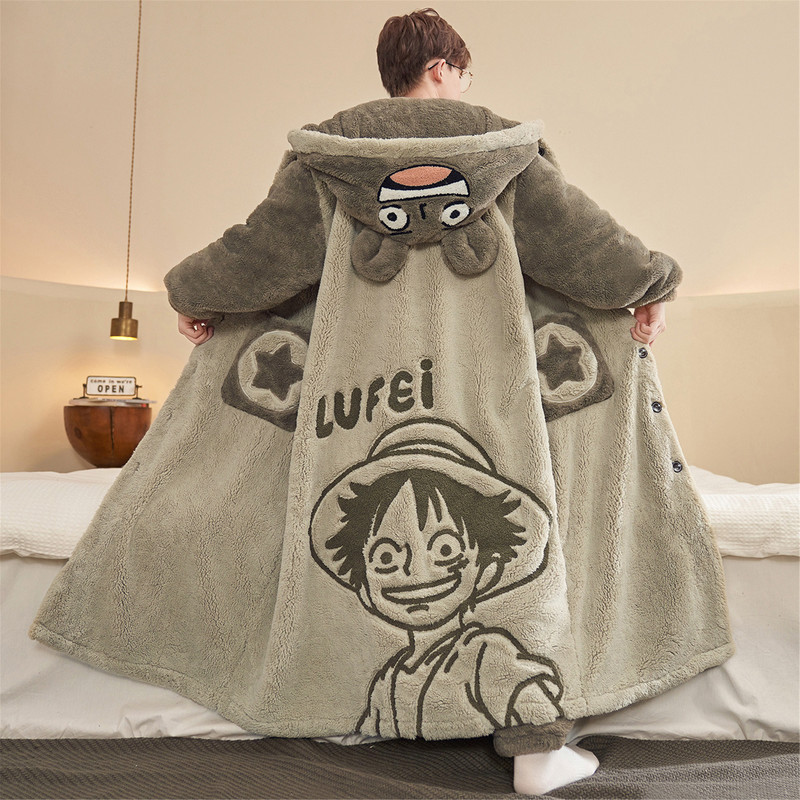 One Piece Luffy Long Nightgown Coral Fleece Cartoon Youth Men's Fleece-Lined Thickened Winter Pajama Set One Piece Luffy Long Nightgown Coral Fleece Cartoon Youth Men's Fleece-Lined Thickened Winter Pajama Set