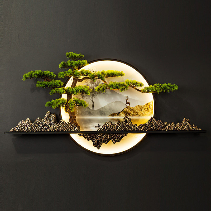 New Chinese living room entrance decorations glowing welcome pine pendant living room sofa TV background mural decoration