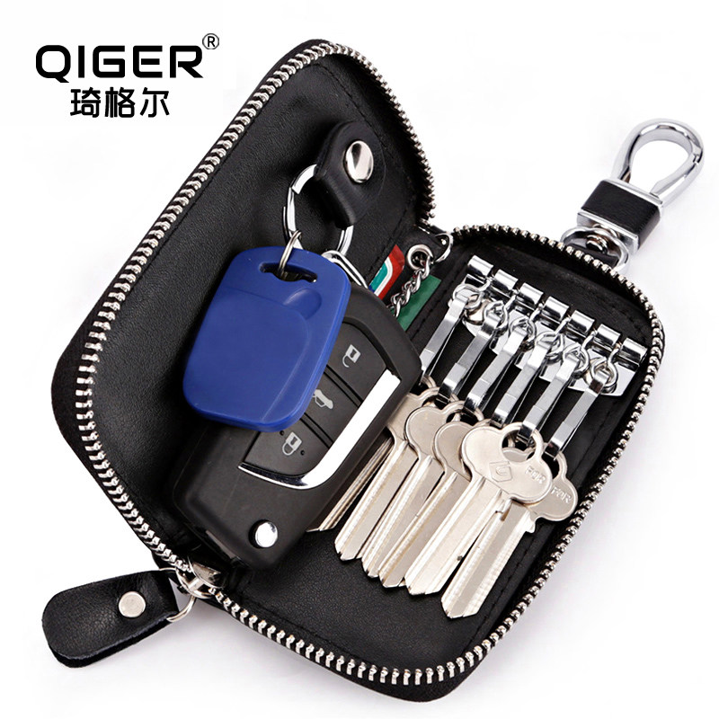 Zig Zag large capacity zipper key bag men's waist hanging real cow leather female card bag Car multi-function key chain