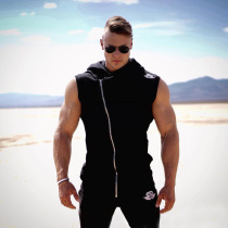 Muscle fitness brothers hoodie diagonal zipper hooded sleeveless vest sports waistcoat BE