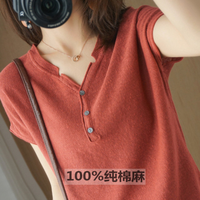 New cotton short-sleeved women's solid color knitted women's v-neck cotton thread T-shirt large size Korean version bottoming summer half-sleeved top