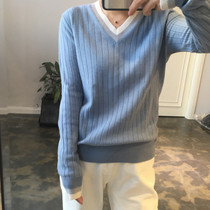 (Brand clearance)V-neck thickened short loose lazy wind half high collar pullover Korean version of the base sweater