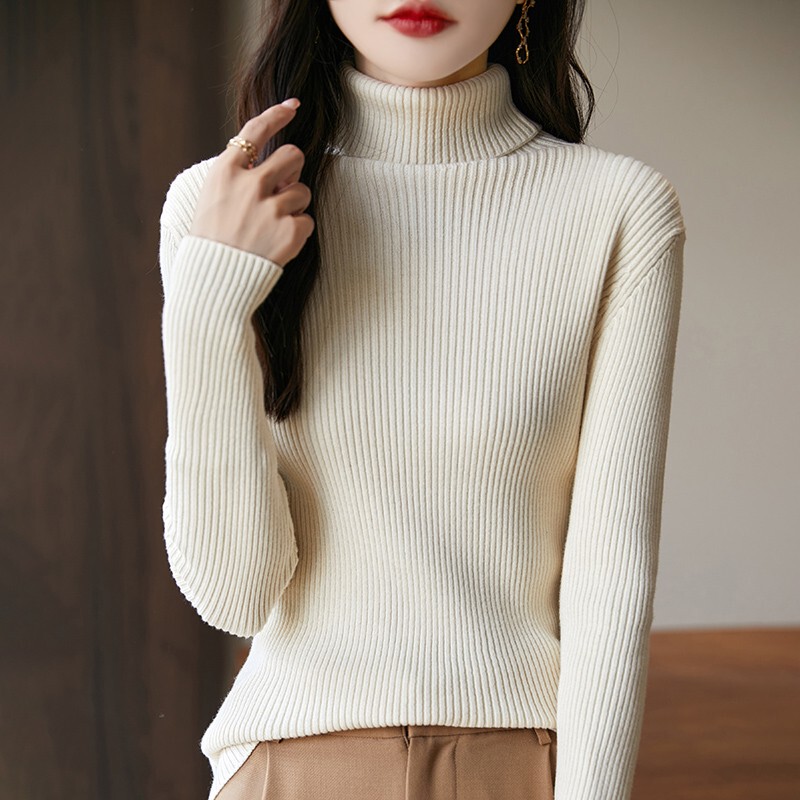 100% Pure Cotton Knitted Turtleneck Sweater for Women, Autumn and Winter, Worn with a Coat, Warm, Slim-Fitting Base Layer, Slimming Top