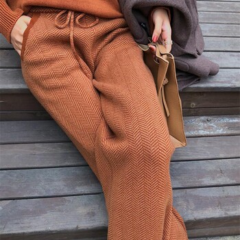 High waist cashmere wide-leg pants women's autumn and winter herringbone straight-leg pants loose thick knitted trousers outerwear wool pants