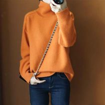 (Explosion clearance)Orange sweater womens high neck warm pullover sweater loose lazy knitted base shirt