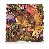 Southeast Asia imported wood carving painted hollow goldfish elephant carving board aisle living room TV background wall decorative painting