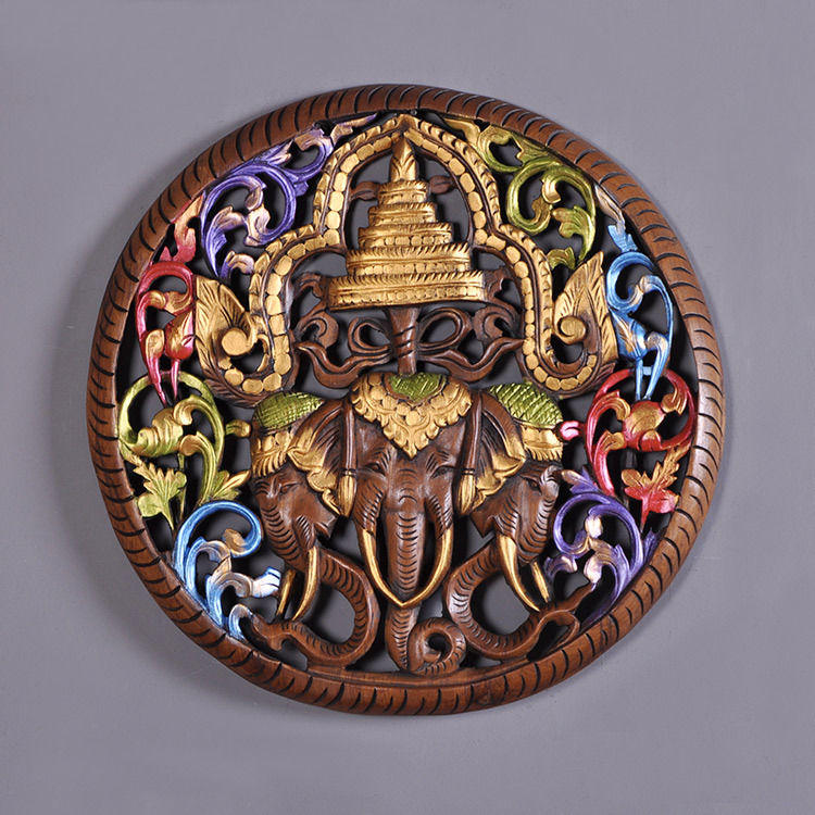 Thai carved board pendant Southeast Asian handmade Thai teak wood carving Wall decoration Elephant Trunk God of Fortune carved board