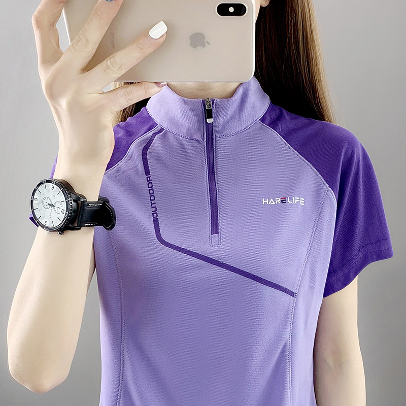 Trendy Outdoor Quick-Drying Clothing for Women, Short-Sleeved Sports Tops, Running Stand-Up Collar, Loose and Breathable Quick-Drying T-Shirts for Middle-Aged and Elderly People