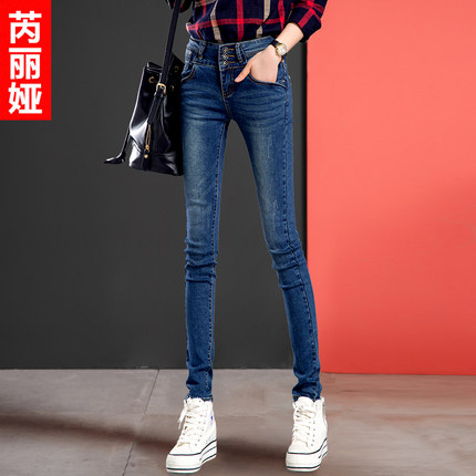 2018秋冬季加绒牛仔裤女高腰长裤弹力紧身显