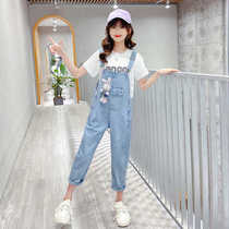 Girls summer overalls suit 2024 new childrens Korean style fashionable summer jeans for middle-aged and older children
