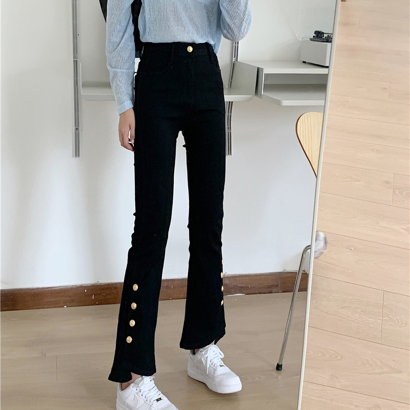 2021 new design sense single row buttoned open fork jeans female large size size fat mm display slim height waist elastic 90% pants
