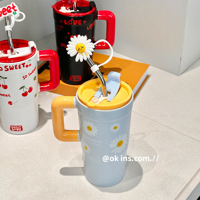 Giant Large-Capacity Dopamine Straw Cup with Handle, New Ceramic Ice Cup, High-Value Double-Drink Cup for Girls