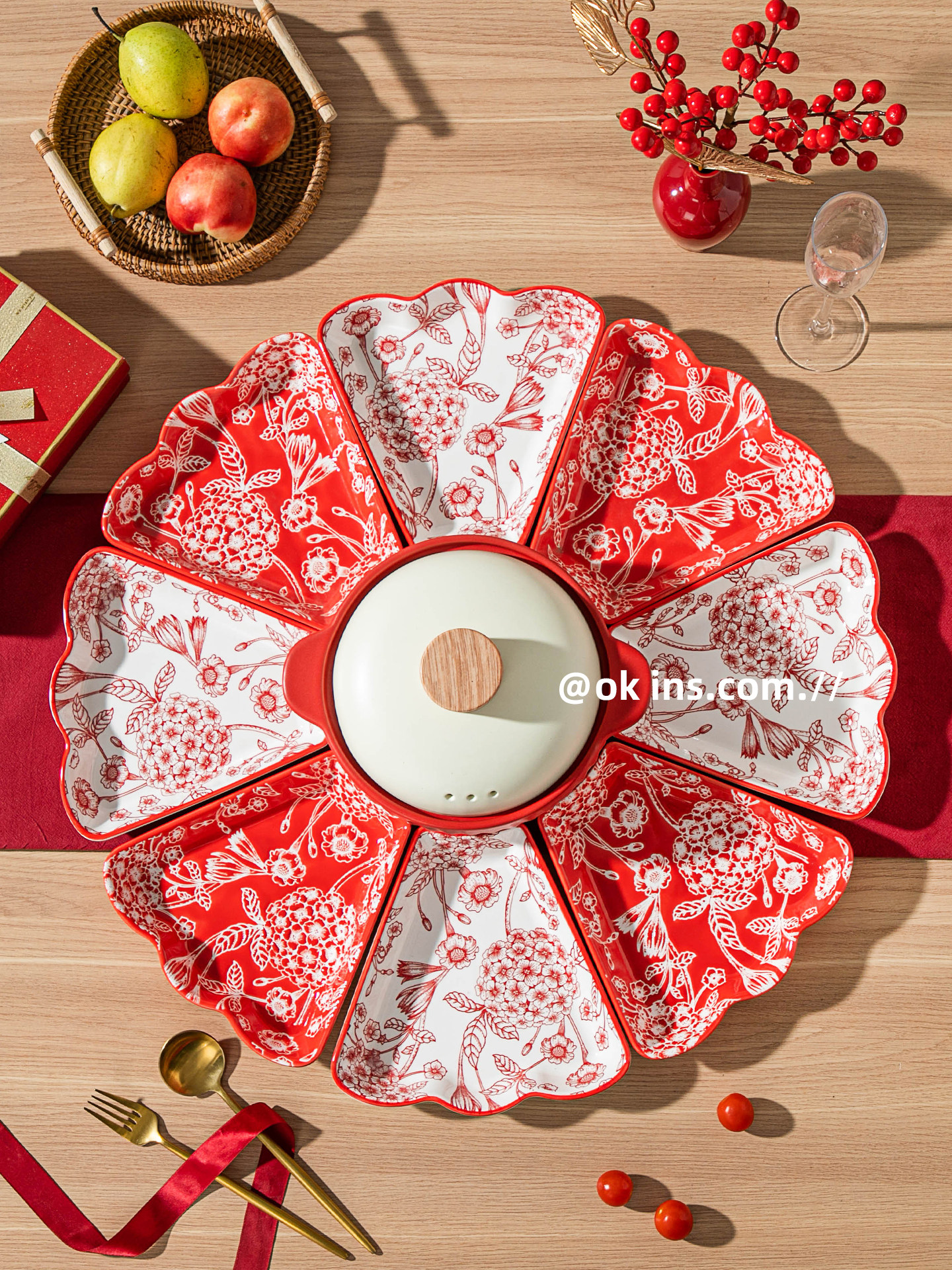Festive Platter, Household Ceramic Dish, High-Value Wedding Gift, Housewarming Bowl and Plate Set, New Year Red Tableware