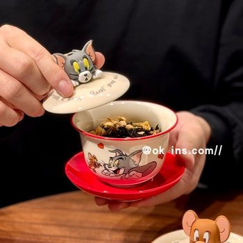 Tom and Jerry Ceramic Gaiwan Cartoon Tea Set Gift Box Gift Bag Set Office Tea Cup Internet-Famous Tea Drinking Cup