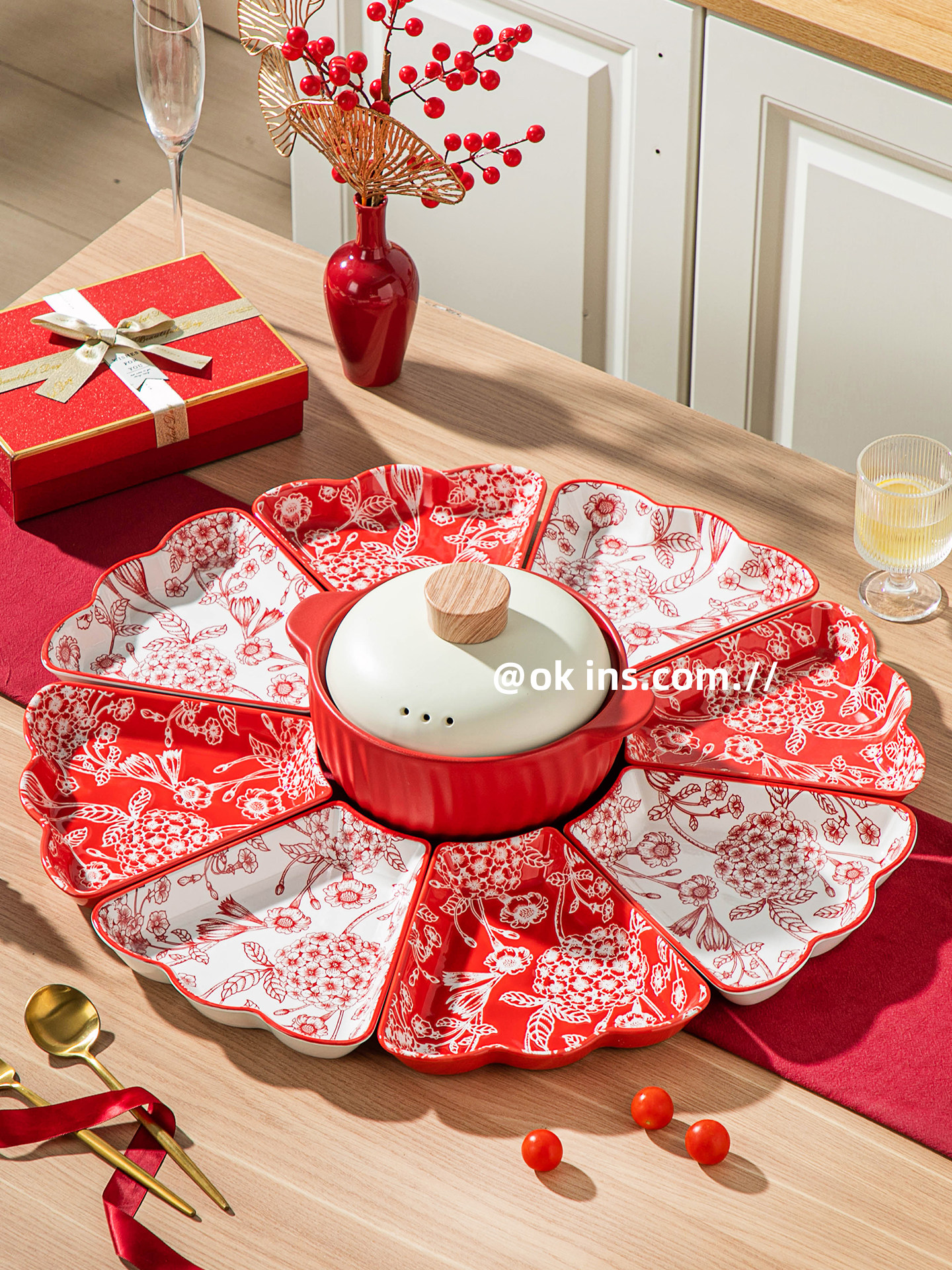 Festive Platter, Household Ceramic Dish, High-Value Wedding Gift, Housewarming Bowl and Plate Set, New Year Red Tableware