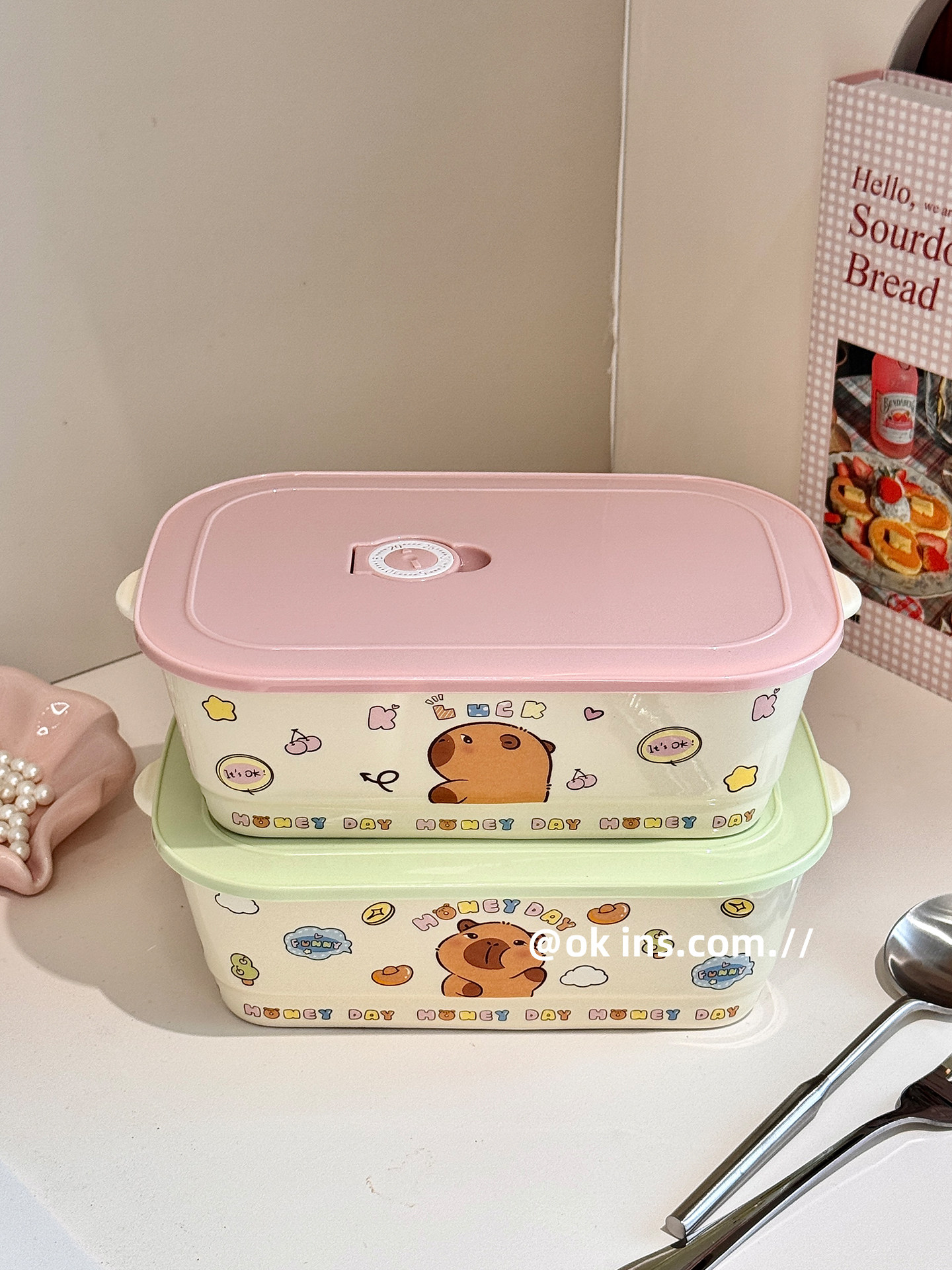 Kapibala Divided Lunch Box with Lid, Student-Specific 2025 New Model Ceramic Bento Box with Lunch Box and Cutlery