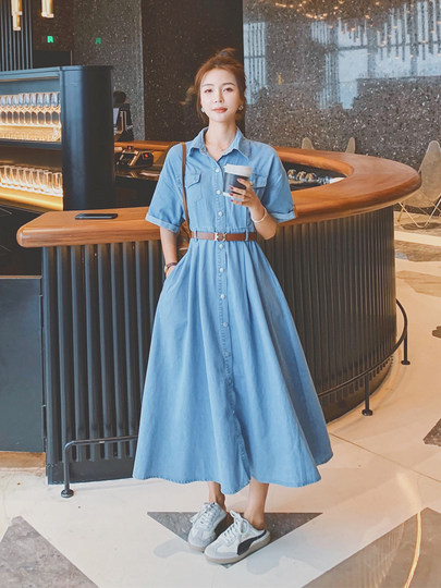 牛仔连衣裙女夏季2024新款法式收腰显瘦高级感气质A字衬衫长裙子